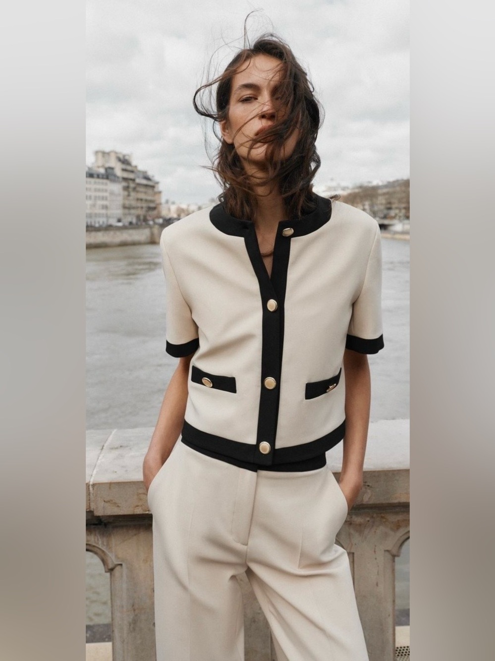 Zara NWT Cream Black Contrast Trim Gold Button Blazer